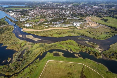 Aerial view, renaturalisation of the Lippe estuary area between Lippeschlösschen and Rhine bridge