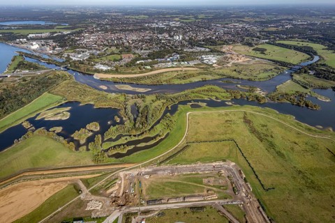 Aerial view, renaturalisation of the Lippe estuary area between Lippeschlösschen and Rhine bridge