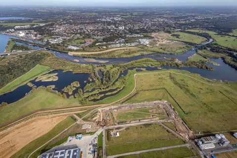 Aerial view, renaturalisation of the Lippe estuary between Lippeschlösschen and Rhine bridge and