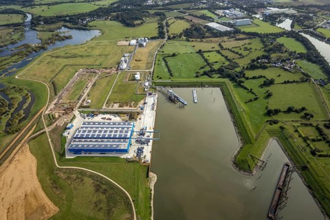 Aerial view, Rhein-Lippe-Hafen Wesel with heavy load terminal Niederrhein with solar roof in Wesel,