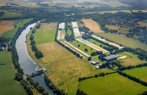 Aerial view, Wasserwerke Westfalen GmbH, river Ruhr with hydropower plant Echthausen, Echthausen,