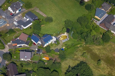 Aerial view, residential house Höhenweg with solar roof and excavation pit, Echthausen, Wickede,