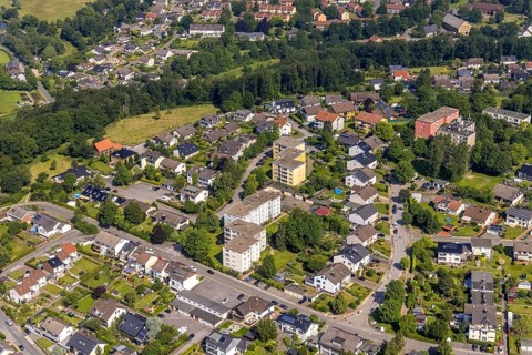 Aerial view, housing estate with high-rise buildings on Antoniusstraße and Eichenstraße in Wickede,