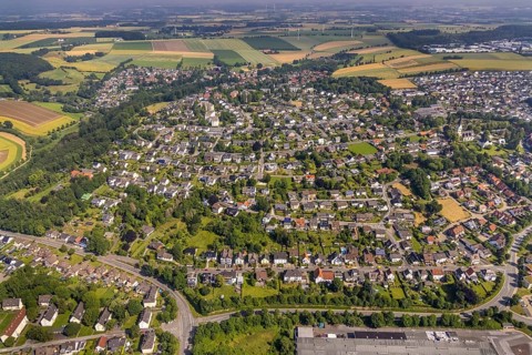 Aerial view, local view and high-rise buildings on Antoniusstraße and Eichenstraße in Wickede,