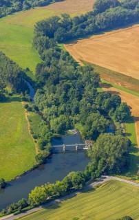Aerial view, meadows and fields at the river Ruhr and Obergraben Am power plant, Wickede,