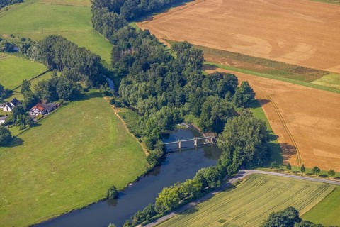 Aerial view, meadows and fields at the river Ruhr and Obergraben Am power plant, Wickede,