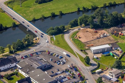 Aerial view, Ruhr bridge federal road 63 over the river Ruhr, construction site on the banks of the
