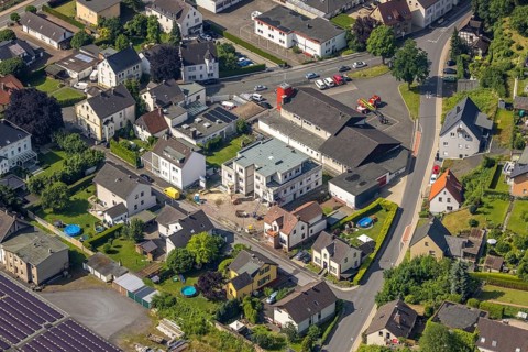 Aerial photo, Wickede Volunteer Fire Brigade, construction site, new residential building on Neue