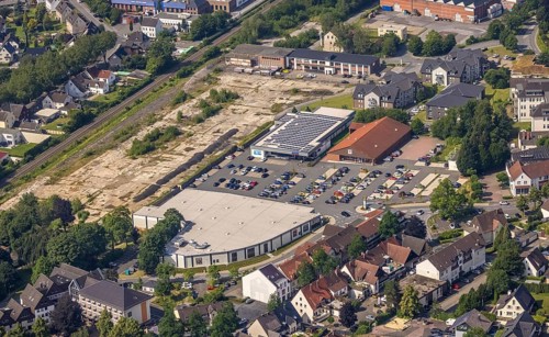 Aerial view, Edeka and Aldi supermarket, redevelopment of the brownfield site Bernhard-farmer-Park