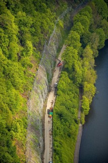 Aerial photo, rock protection fences and construction work on the closed cycling and hiking trail
