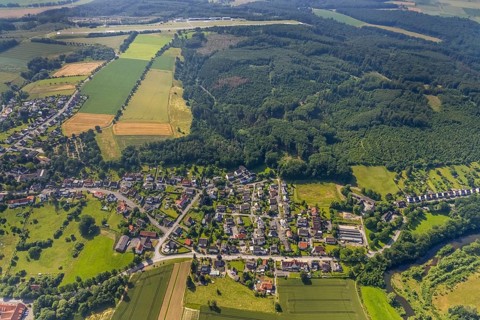 Aerial view, forest area Wetterberg Westerheide and town view Echthausen, Wickede, Sauerland, North