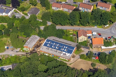 Aerial view, indoor riding arena riding club Birkenbaum with solar roof, Wickede, Sauerland, North