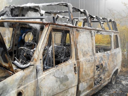 Bulli wreck after an arson attack. Burnt out on the roadside
