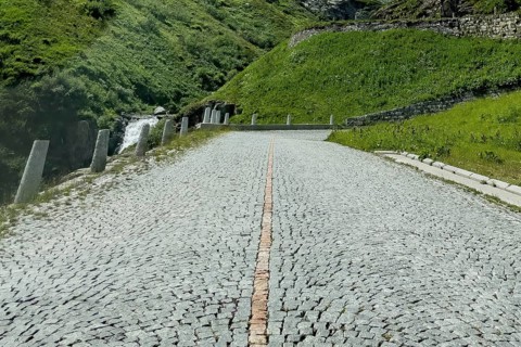 Part of the southern ascent of the south ramp of the historic Gotthard pass road Tremola with