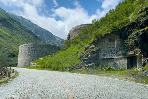 Part of southern ascent of south ramp of historic Gotthard pass road Tremola with cobblestones, in