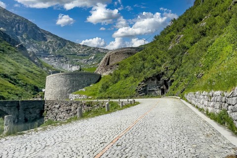 Part of southern ascent of south ramp of historic Gotthard pass road Tremola with cobblestones, in