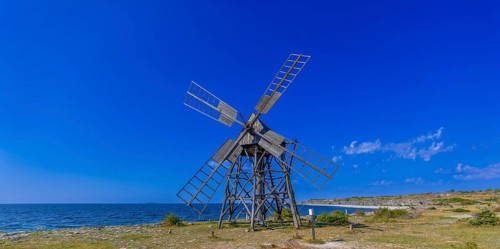 Historic scouring mill, grinding mill, panoramic photo, Jordhamn, Öland, Sweden