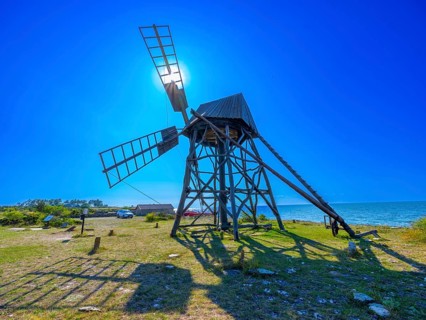 Historic grist mill, grinding mill, backlit, Jordhamn, Öland, Sweden
