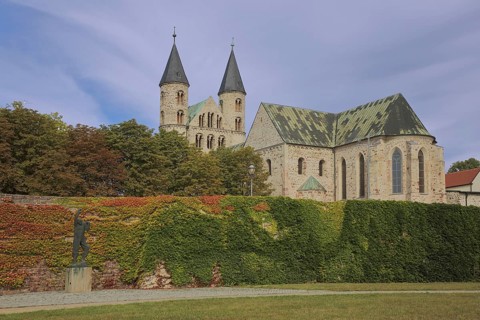 Romanesque church, art museum and Our Lady's Monastery with twin towers, sculpture park with