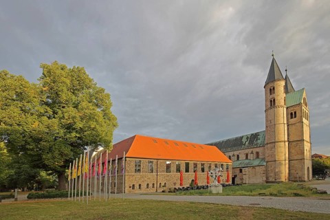 Romanesque Monastery of Our Lady with twin towers and art museum, light atmosphere, Magdeburg,