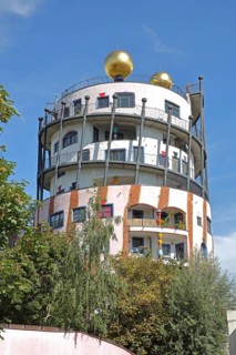 Green Citadel, Hundertwasser House, roof with golden ball, Magdeburg, Saxony-Anhalt, Germany