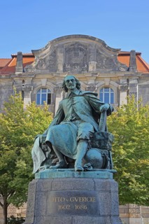 Otto von Guericke Fountain and monument to physicist Otto von Guericke, inscription, sculpture, New