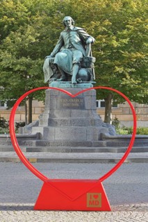 Red heart with I like MD and Otto von Guericke Fountain, monument, sculpture, inscription, view,