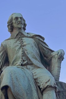 Physicist Otto von Guericke, fountain, monument, sculpture, detail, Hauptwache, Magdeburg,