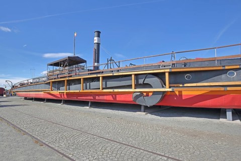Historic tugboat Gustav Zeuner built in 1894, steamer, tugboat, open-air museum, inscription, ship