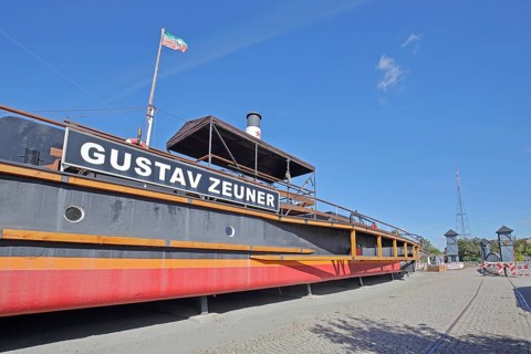 Historic tugboat Gustav Zeuner built in 1894, steamer, tugboat, open-air museum, inscription, ship