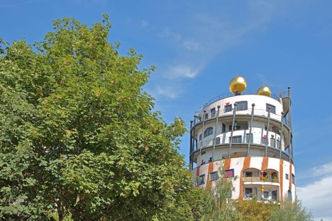 Green Citadel, Hundertwasser House, roof with golden ball, Magdeburg, Saxony-Anhalt, Germany