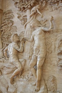 Decorations on the Renaissance pulpit by Christoph Kapup 1597 made of alabaster, Paradise with Fall