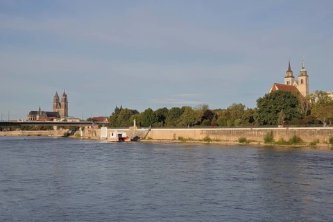 Cityscape with Gothic cathedral, New River Bridge and late Romanesque St. Johannis Church, church