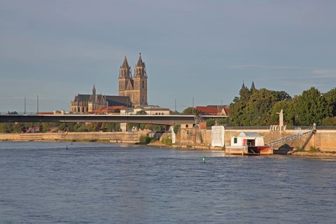 Cityscape with Gothic cathedral and New River Bridge, Elbe riverbank, Elbe, Magdeburg Cathedral, St