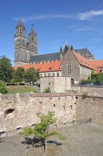 Medieval bastion Cleve with defence defence tower Cleve and Gothic Magdeburg Cathedral, St.