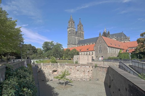 Medieval bastion Cleve with defence defence tower Cleve and Gothic Magdeburg Cathedral, St.