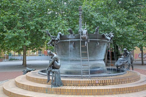 Faun Fountain by Heinrich Apel 1986, modern art, bronze sculptures, figures, rung ladder, high,