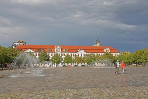 Baroque Winneberg Palace built in 1728 and Saxony-Anhalt State Parliament, water features, water