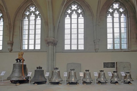 Series of bells exhibition, interior view, church bells, exhibits, St Mauritius and St Katharina,