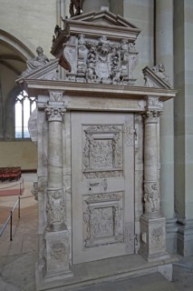 Door to the staircase of the Renaissance pulpit by Christoph Kapup 1597 made of alabaster, portal,