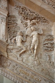 Decorations on the Renaissance pulpit by Christoph Kapup 1597 made of alabaster, Paradise with Fall