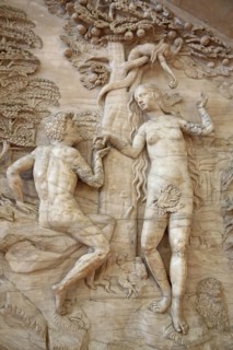 Decorations on the Renaissance pulpit by Christoph Kapup 1597 made of alabaster, Paradise with Fall