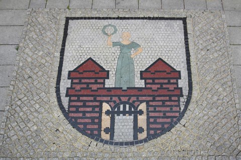 City coat of arms, floor mosaic, paving stones, floor, Old Town Hall, Old Market Square, Magdeburg,