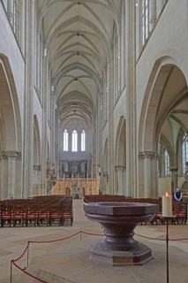 Gothic cathedral and red porphyry baptismal font from the Roman period, interior view, Roman,