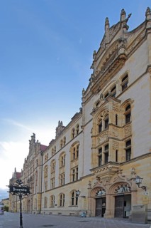 Historic labour court with sign for justice, entrance, portal, court building, Magdeburg,