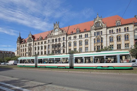 Historic labour court and tram, courthouse, local transport, Magdeburg, Saxony-Anhalt, Germany