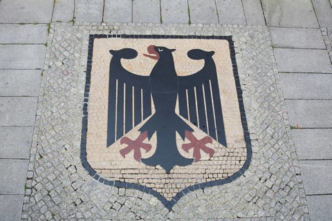 German coat of arms, federal eagle, cobblestones, ground, Old Town Hall, Old Market, Magdeburg,