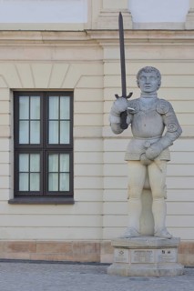Roland statue with sword, sculpture, window, Old Town Hall, Old Market Square, Magdeburg,