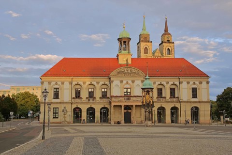 Baroque Old Town Hall built in 1713, and church towers of St. Johannis, Magdeburger horse-rider,