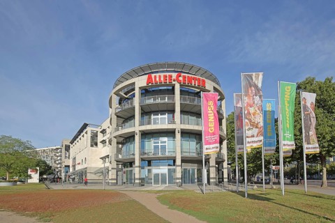 Allee-Center with flags, shopping centre, modern building, inscription, pleasure, shopping,